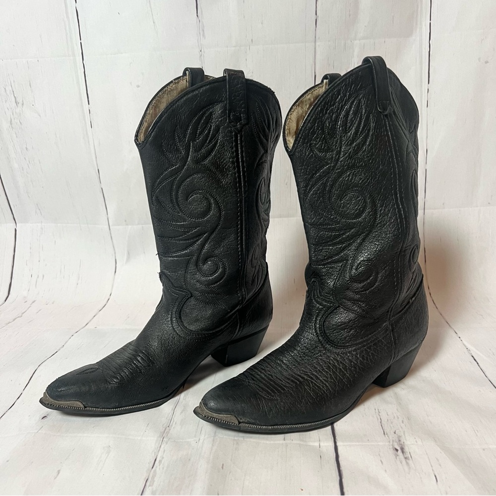 Vintage soft black leather with silver tips western cowboy boots - Picture 2 of 15